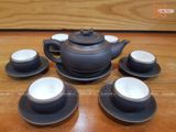  Ấm Chén Bát Tràng gốm Tử Sa dáng Trống Đai Đen chỉ bạc lòng trắng 300ml | Quà Tặng Doanh Nghiệp bộ ấm chén uống trà 