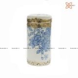  Quà Tặng Doanh Nghiệp Hũ Đựng Trà bọc đồng gốm sứ Bát Tràng hàng kỹ men lam vẽ hoa Hồng cao 20cm bụng 10cm 
