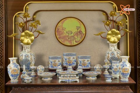  Bộ đồ thờ Bát Tràng cao cấp men hoàng thổ hoạ tiết hoa sen 25 vật phẩm 