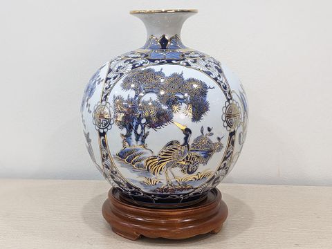  Bình Hút Lộc Bát Tràng vẽ vàng Tứ Quý men lam 30cm bụng 28cm | Quà Tặng Khai Trương bình hút lộc Bát Tràng 