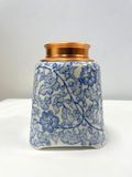  Quà Tặng Doanh Nghiệp Hũ Đựng Trà gốm sứ Bát Tràng cao cấp dáng tròn chân vuông vẽ lam hoa dây cao 14cm bụng 11cm 
