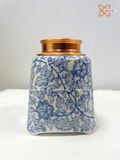  Quà Tặng Doanh Nghiệp Hũ Đựng Trà gốm sứ Bát Tràng cao cấp dáng tròn chân vuông vẽ lam hoa dây cao 14cm bụng 11cm 