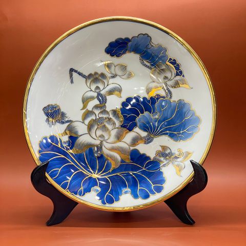  Mâm Bồng Bát Tràng Hoa Sen men trắng sứ vẽ vàng đường kính 30 cm 