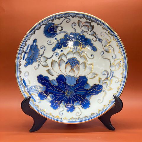  Mâm Bồng Bát Tràng Hoa Sen men trắng sứ vẽ vàng đường kính 30 cm 