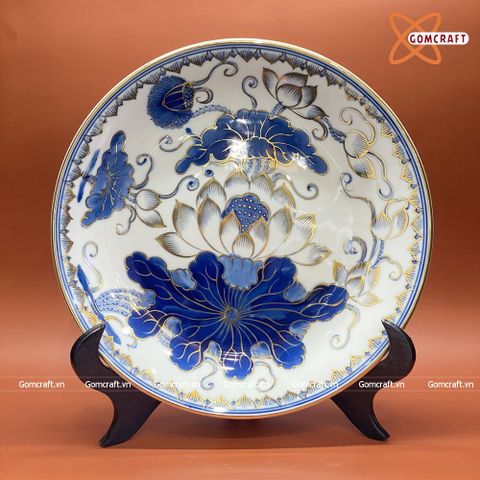  Mâm Bồng Bát Tràng Hoa Sen men trắng sứ vẽ vàng đường kính 30 cm 