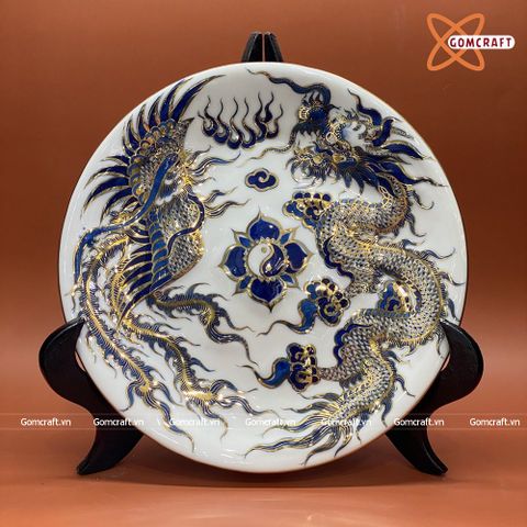  Mâm Bồng Bát Tràng Rồng Phượng men trắng sứ đắp nổi vẽ vàng đường kính 30 cm 