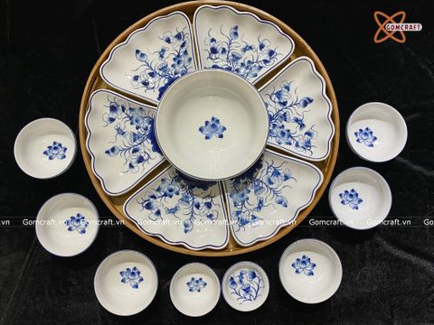  Bát Sứ Bát Tràng Hoa Mặt Trời vẽ Sen Chuồn Chuồn hàng kỹ size 45 bộ 15 chi tiết | Quà Tặng Doanh Nghiệp bát sứ 