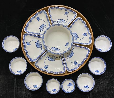  Bát Sứ Bát Tràng Hoa Mặt Trời vẽ Sen Viền Lá hàng kỹ size 45 bộ 15 chi tiết | Quà Tặng Doanh Nghiệp bát sứ 