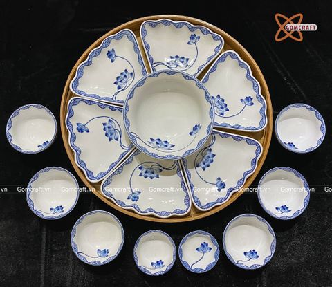  Bát Sứ Bát Tràng Hoa Mặt Trời vẽ Sen Viền Lá hàng kỹ size 45 bộ 15 chi tiết | Quà Tặng Doanh Nghiệp bát sứ 