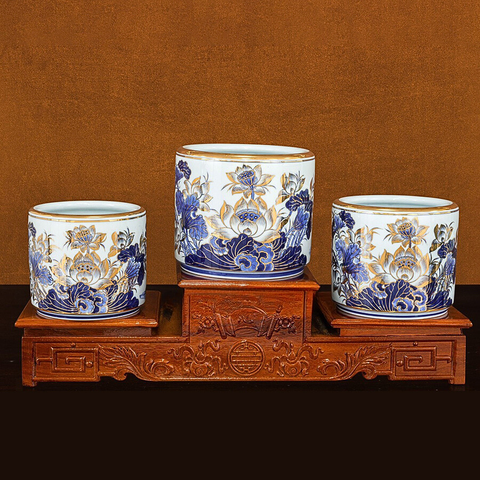  Bát hương Bát Tràng vuốt tay hoạ tiết Hoa Sen men sứ trắng vẽ vàng đường kính 25 cm 