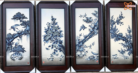  Tranh Gốm Tứ Quý Bát Tràng Cổ men lam tràm đắp nổi kích thước 45 x 90 cm khung gỗ thông 