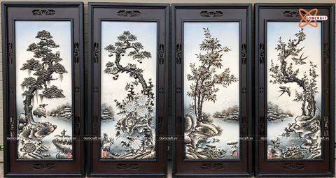  Tranh Gốm Tứ Quý Bát Tràng đắp nổi tứ cảnh men tràm cổ kích thước 45 x 95 cm khung gỗ thông 