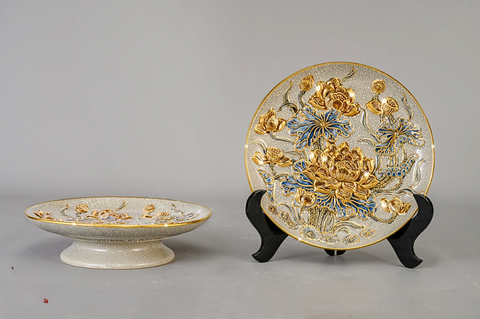  Mâm Bồng Bát Tràng Hoa Sen men rạn đắp nổi vẽ vàng đường kính 25 cm 