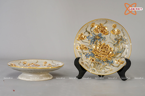  Mâm Bồng Bát Tràng Hoa Sen men rạn đắp nổi vẽ vàng đường kính 25 cm 