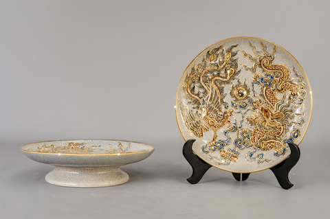  Mâm Bồng Bát Tràng Rồng Phượng men rạn đắp nổi vẽ vàng đường kính 25 cm 