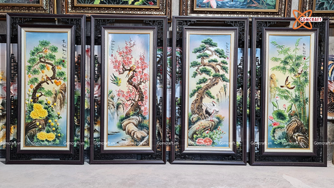  Tranh Gốm Tứ Quý Bát Tràng men màu đắp nổi tứ cảnh kích thước 50 x 115 cm khung gỗ thông 