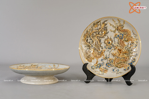  Mâm Bồng Bát Tràng Rồng Phượng men rạn đắp nổi vẽ vàng đường kính 25 cm 
