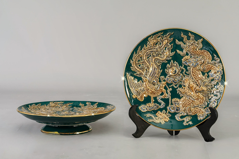  Mâm Bồng Bát Tràng Rồng Phượng men xanh lục bảo đắp nổi vẽ vàng đường kính 25 cm 