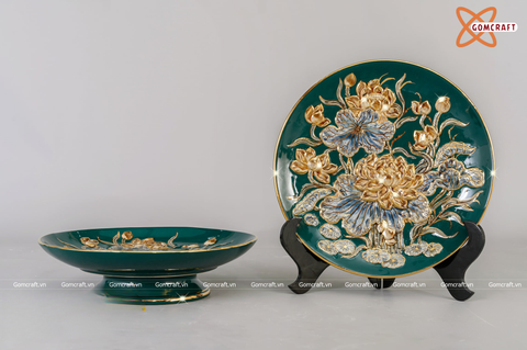  Mâm Bồng Bát Tràng Hoa Sen men xanh lục bảo đắp nổi vẽ vàng đường kính 25 cm 