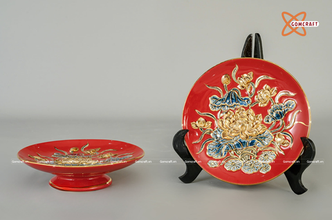  Mâm Bồng Bát Tràng Hoa Sen men đỏ đắp nổi vẽ vàng đường kính 25 cm 