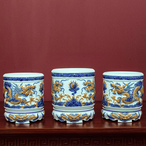  Bát hương Bát Tràng men ngọc đắp nổi rồng đường kính 26 cm 