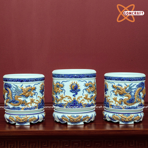  Bát hương Bát Tràng men ngọc đắp nổi rồng đường kính 26 cm 
