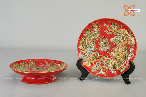  Mâm Bồng Bát Tràng Rồng Phượng men đỏ đắp nổi vẽ vàng đường kính 25 cm 