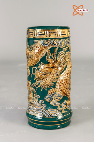  Ống hương Bát Tràng men xanh lục bảo bảo đắp nổi rồng vẽ vàng cao 20 cm 