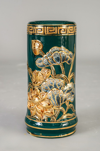  Ống hương Bát Tràng men xanh lục bảo bảo đắp nổi sen vẽ vàng cao 20 cm 