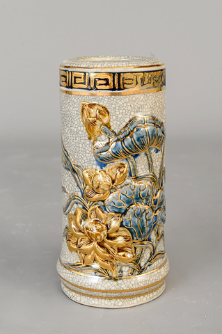  Ống hương Bát Tràng men rạn đắp nổi sen vẽ vàng cao 25 cm 