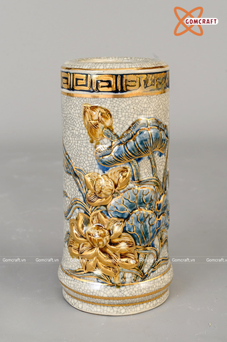  Ống hương Bát Tràng men rạn đắp nổi sen vẽ vàng cao 25 cm 