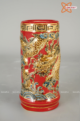  Ống hương Bát Tràng men đỏ đắp nổi rồng vẽ vàng cao 20 cm 