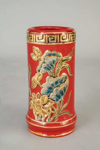  Ống hương Bát Tràng men đỏ đắp nổi sen vẽ vàng cao 20 cm 