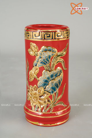  Ống hương Bát Tràng men đỏ đắp nổi sen vẽ vàng cao 20 cm 