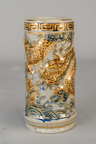  Ống hương Bát Tràng men rạn đắp nổi rồng vẽ vàng 