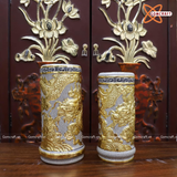  Ống hương Bát Tràng men rạn đắp nổi rồng dát vàng cao 22 cm 