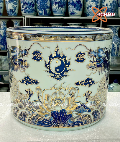  Bát hương Bát Tràng Rồng Sen men ngọc vẽ vàng đường kính 35 cm 