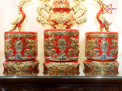  Bát hương Bát Tràng men đỏ đắp nổi rồng vẽ vàng 24k đường kính 27 cm 