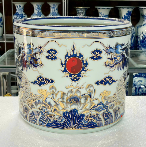  Bát hương Bát Tràng hoạ tiết Rồng men sứ trắng vẽ vàng đường kính 35 cm 