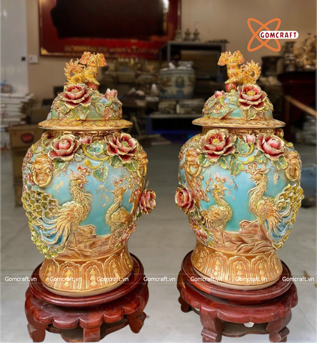  Choé Bát Tràng cao cấp Phú Quý Trường Xuân men màu đắp nổi kênh bong vẽ vàng 24k 