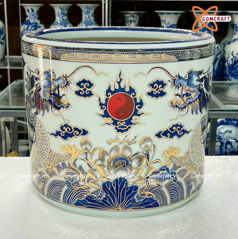  Bát hương Bát Tràng hoạ tiết Rồng men sứ trắng vẽ vàng đường kính 35 cm 