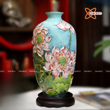  Bình Hoa Bát Tràng men màu đắp nổi hoa sen vẽ vàng 24k cao 36 cm 