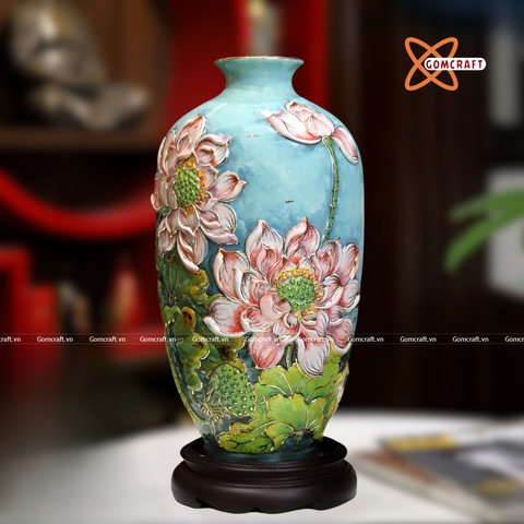  Bình Hoa Bát Tràng men màu đắp nổi hoa sen vẽ vàng 24k cao 36 cm 
