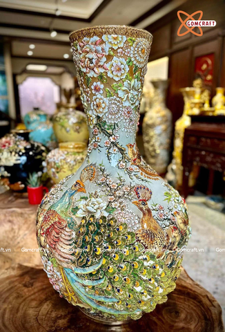  Bình Củ Tỏi cao cấp Phú Quý Trường Xuân men màu đắp nổi kênh bong vẽ vàng 24k cao 70 cm 