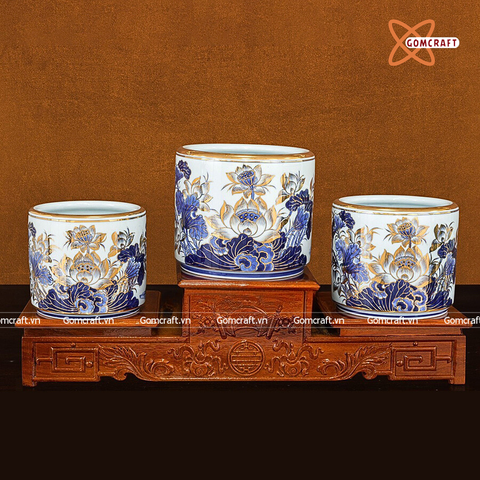  Bát hương Bát Tràng vuốt tay hoạ tiết Hoa Sen men sứ trắng vẽ vàng đường kính 25 cm 