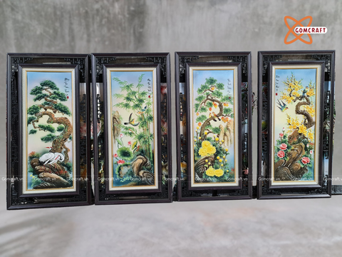  Tranh Gốm Tứ Quý Bát Tràng men màu đắp nổi tứ cảnh kích thước 50 x 100 cm khung gỗ gụ 
