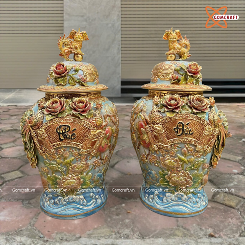  Choé Bát Tràng cao cấp Phúc Đức men màu 3D đắp nổi vẽ vàng 24k dung tích 30 lít 