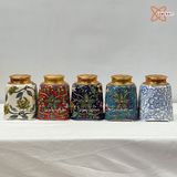  Quà Tặng Doanh Nghiệp Hũ Đựng Trà gốm sứ Bát Tràng cao cấp dáng tròn chân vuông nền xanh đen vẽ hoa dây cao 14cm bụng 11cm 