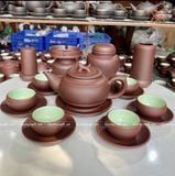  Ấm Chén Bát Tràng gốm Tử Sa dáng Trống Đai Đất chỉ đỏ lòng xanh 300ml | Quà Tặng Doanh Nghiệp bộ ấm chén uống trà 