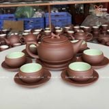 Ấm Chén Bát Tràng gốm Tử Sa dáng Trống Đai Đất chỉ đỏ lòng xanh 300ml | Quà Tặng Doanh Nghiệp bộ ấm chén uống trà 